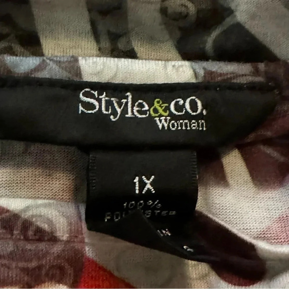 Style & Co 1X Shirt Top Black Floral Striped Short Sleeve Scoop Neck Ruched Knit - Picture 6 of 7